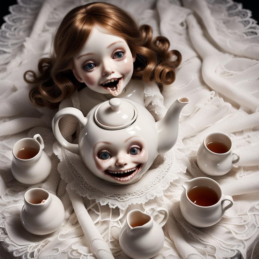Surreal Porcelain Tea Set with Doll-Like Features