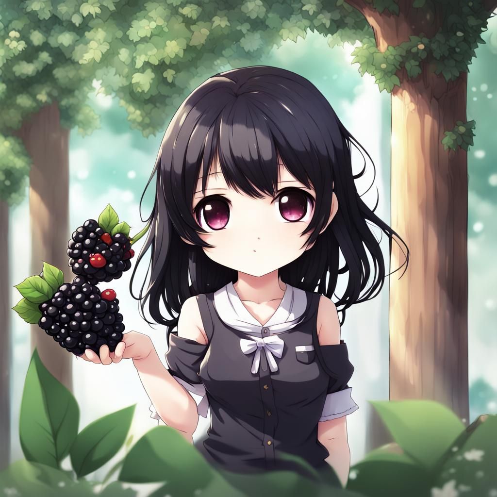 Chibi Black-Haired Blackberry Girl in Anime Style