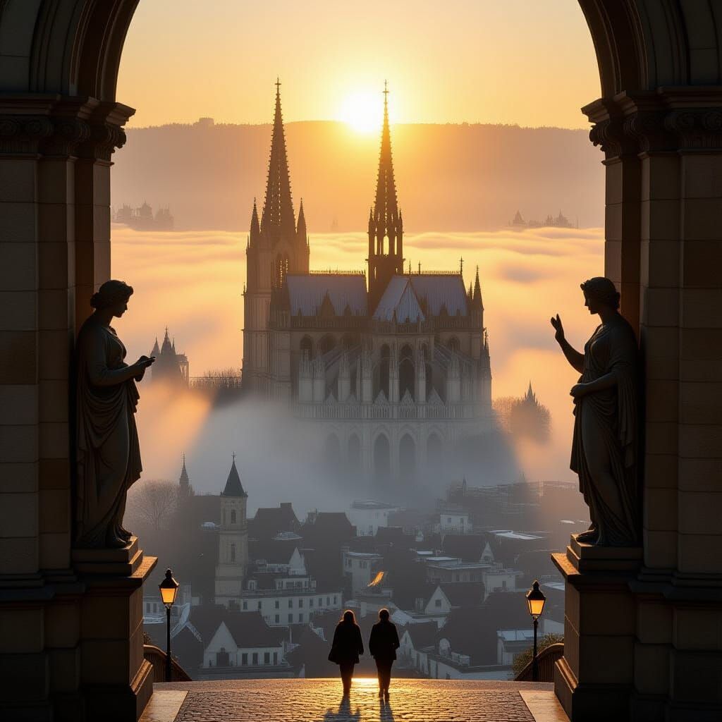 Chartres Cathedral Rises Above City in Golden Sunlight