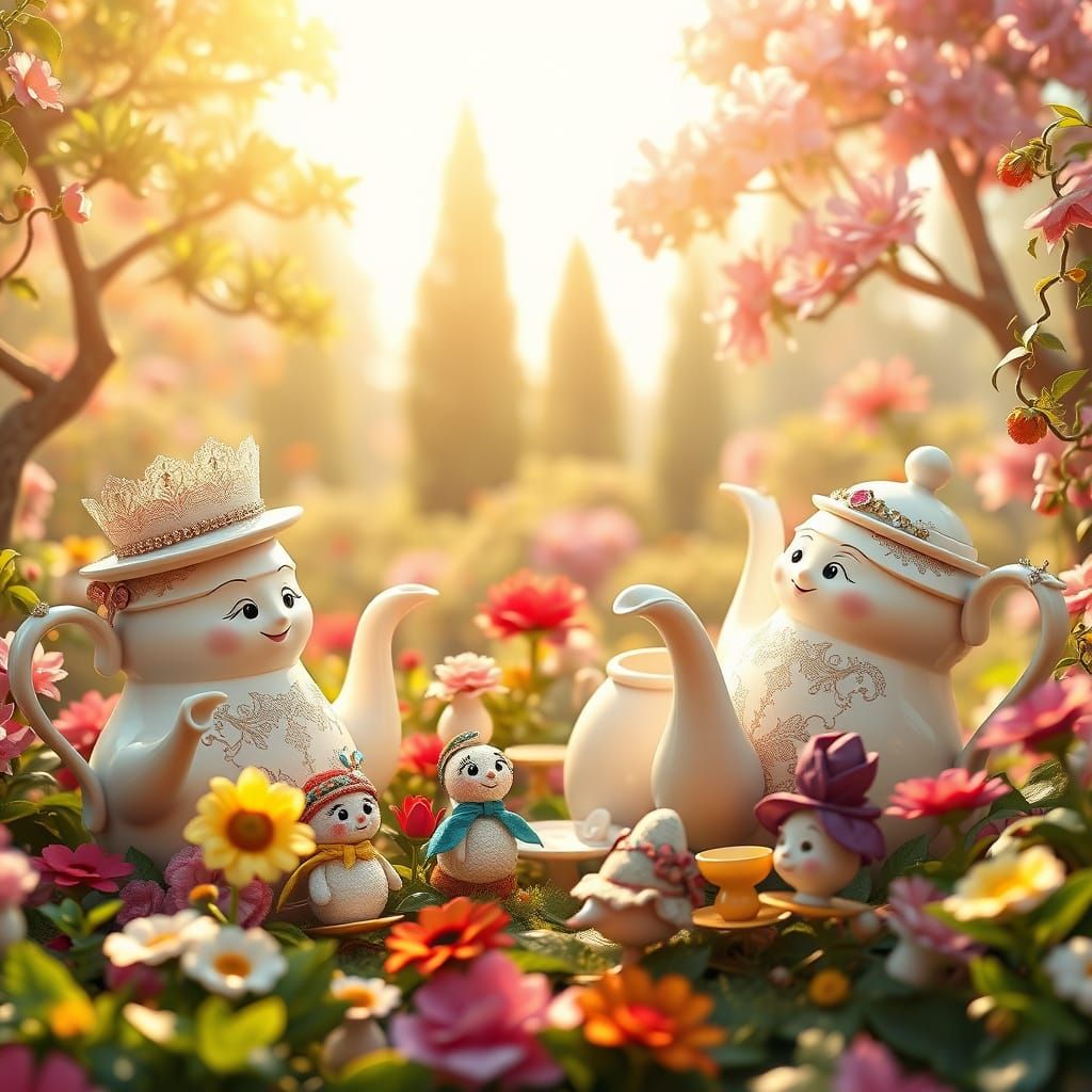 Garden Gathering of Whimsical Teapots in Elegant Attire