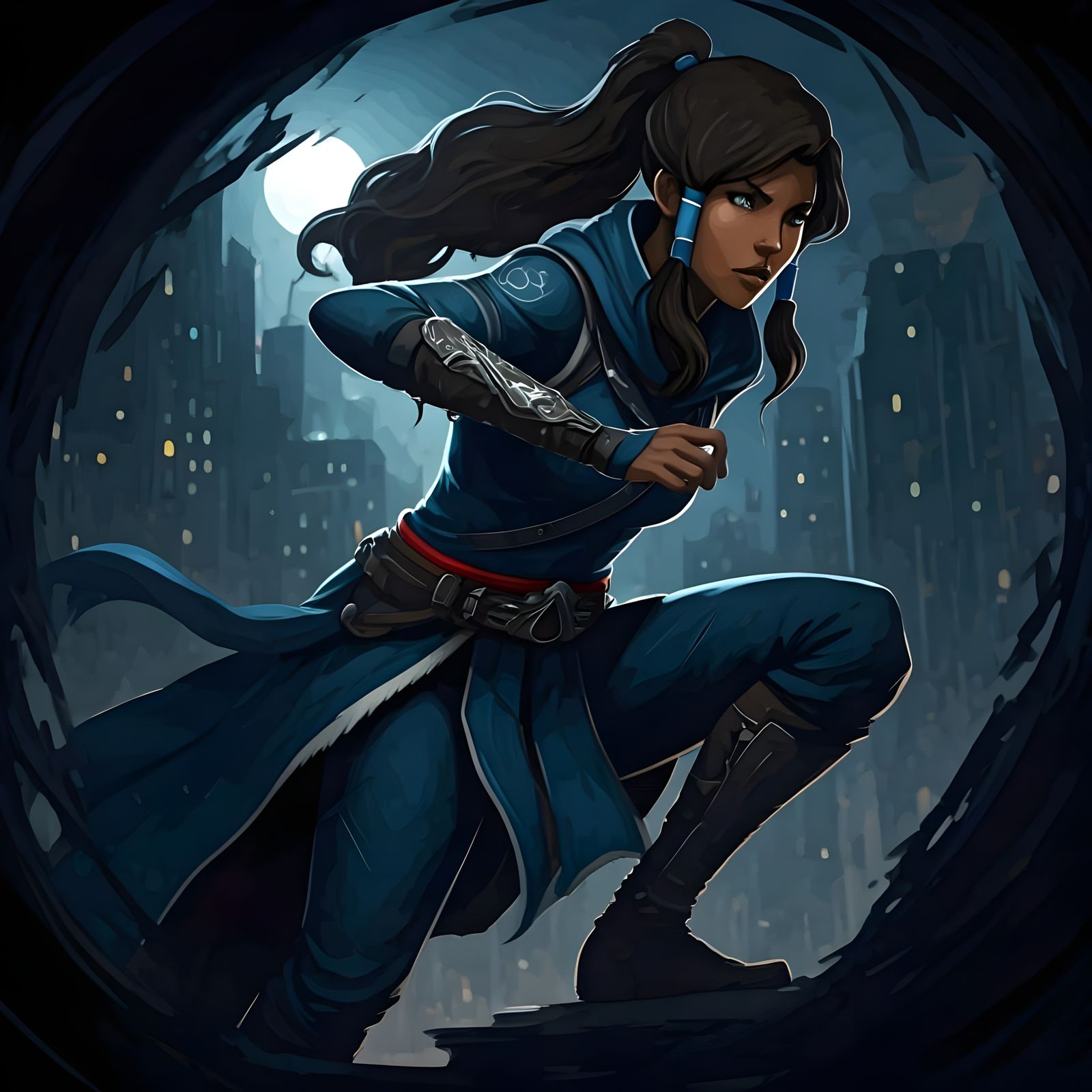 Stealthy Korra in Dark Blue Assassin's Outfit
