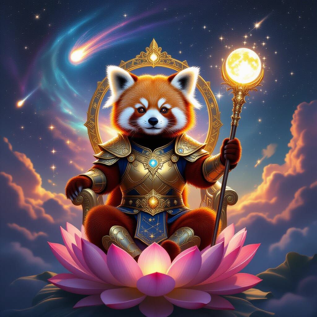 Celestial Red Panda King on Lotus Throne in Cosmic Armor