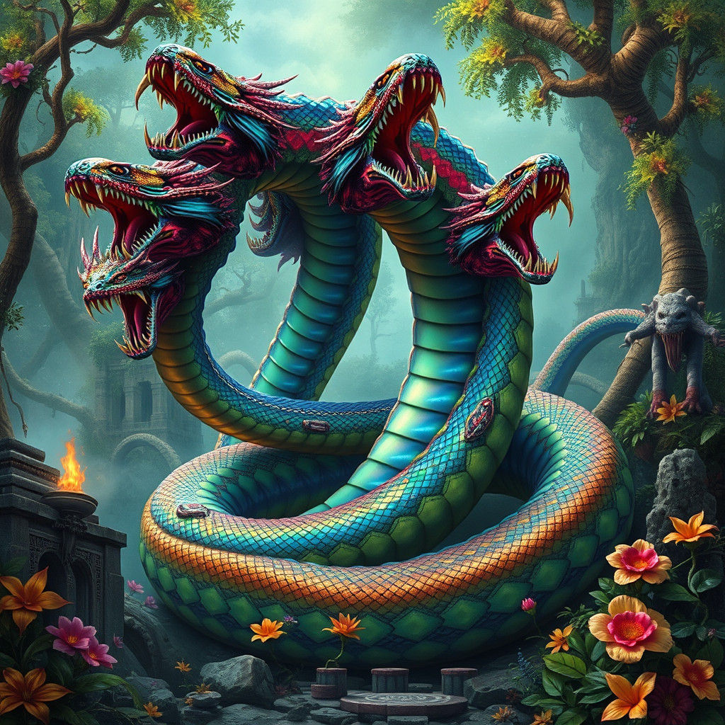 Vibrant Serpent Coiled in Mystical Jungle Ruins