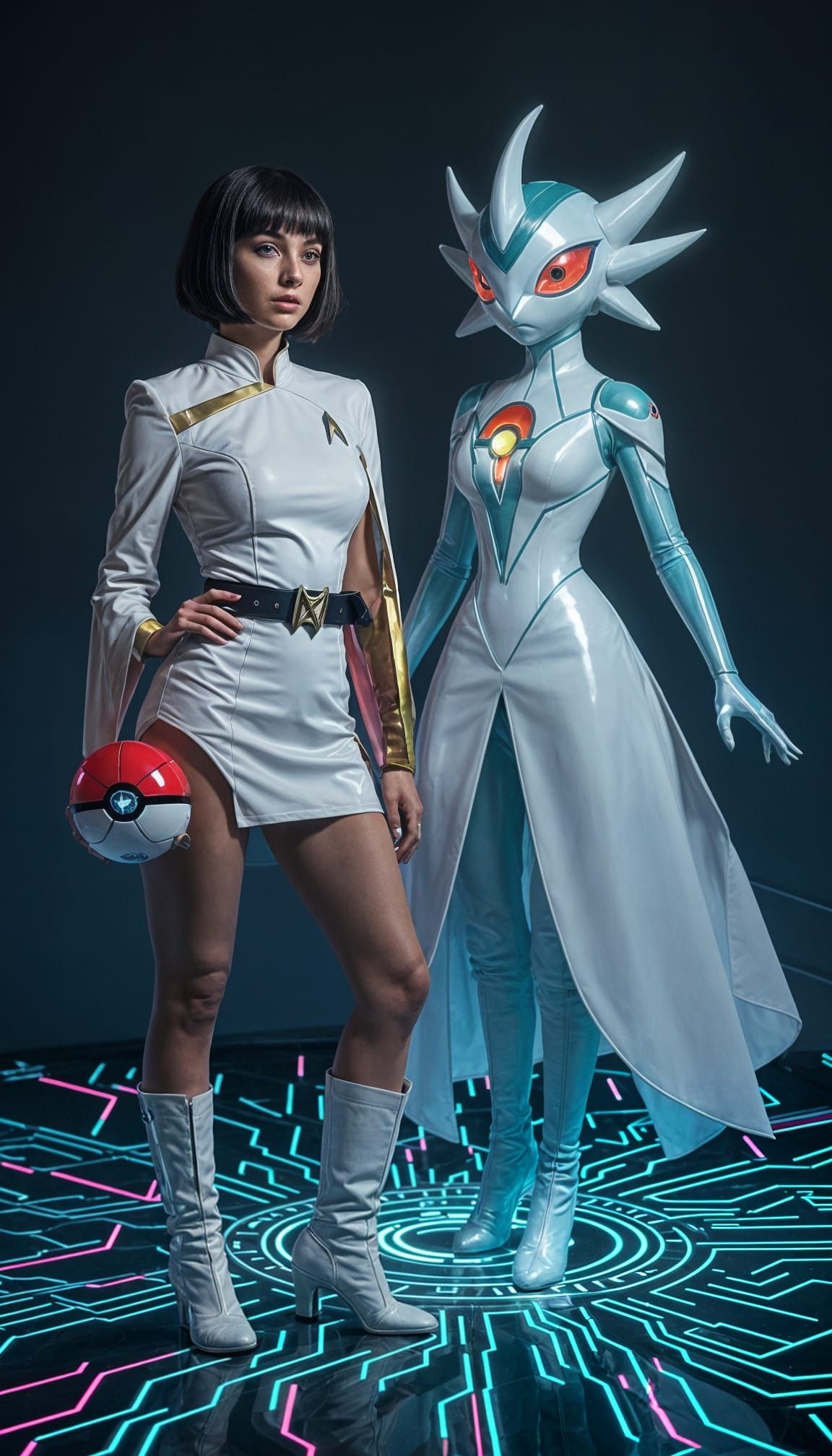Elegant Sci-Fi Woman and Pokémon in Radiant Setting