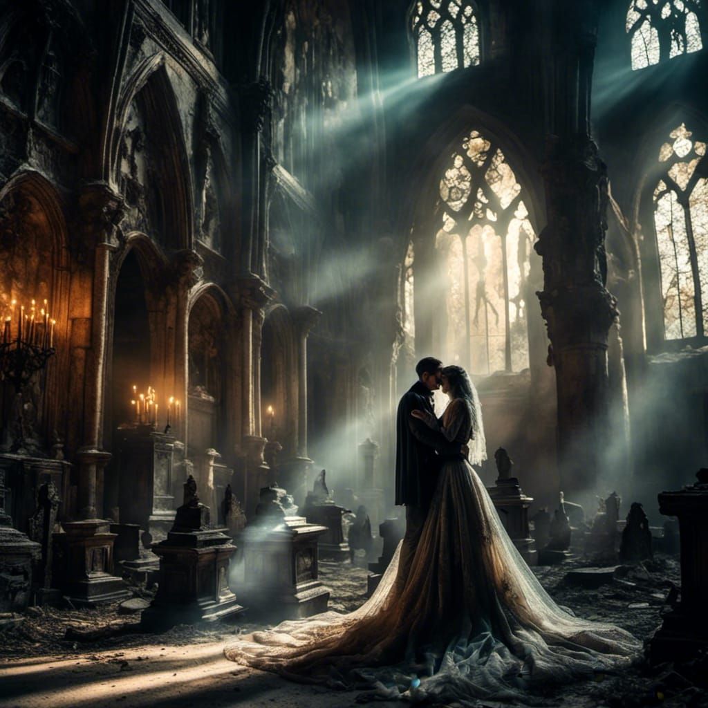 Realistic Vampires Embrace in Gothic Cathedral