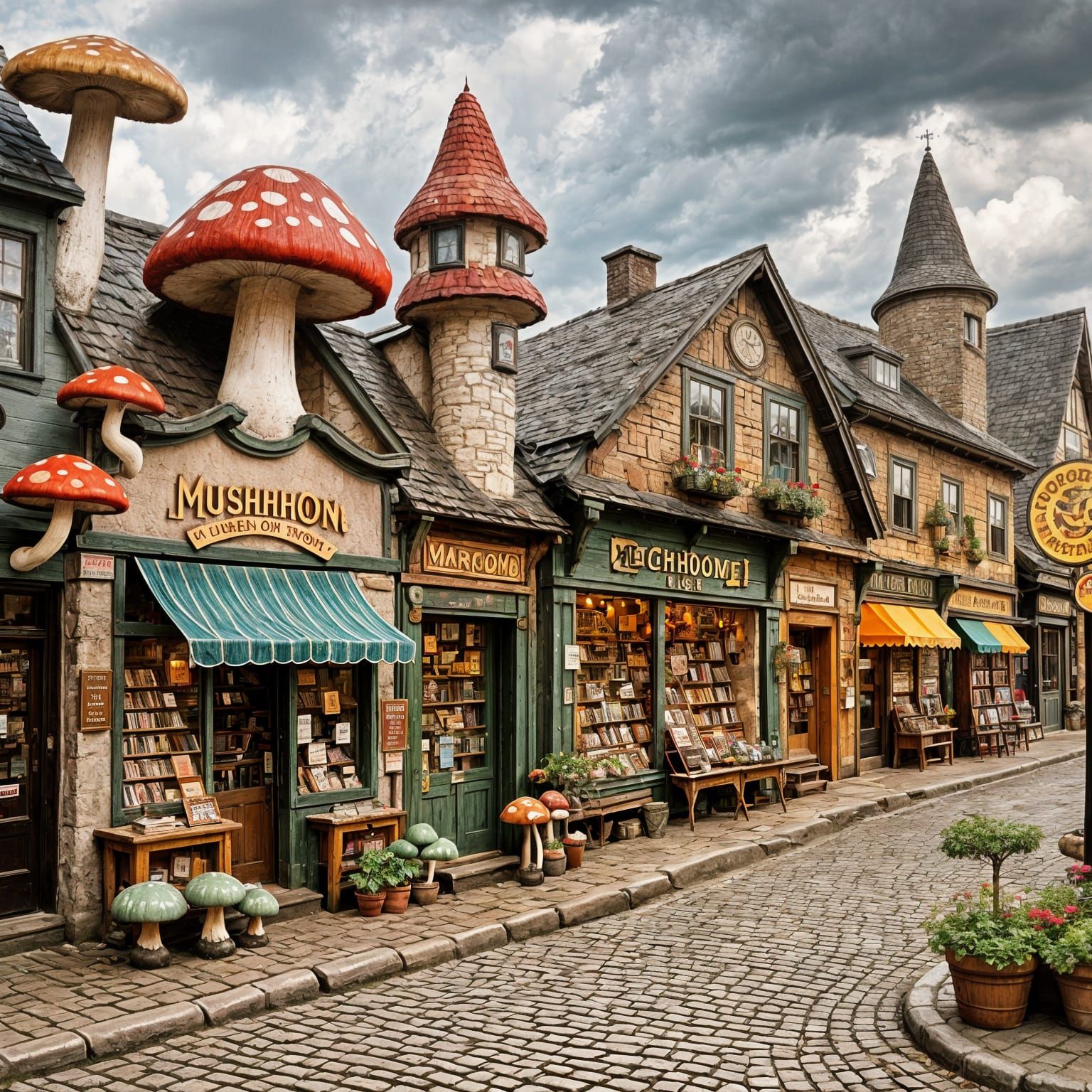 Whimsical Fungal Village Scene with Cozy Bookstore