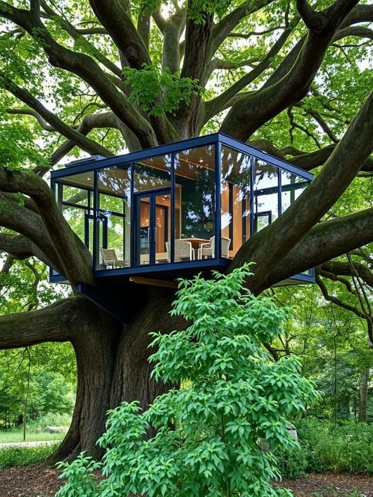 Ultra modern glass treehouse in a large oak tree