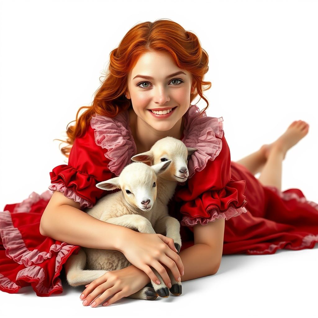 Radiant Redhead Woman with Lamb in 18th-Century Style