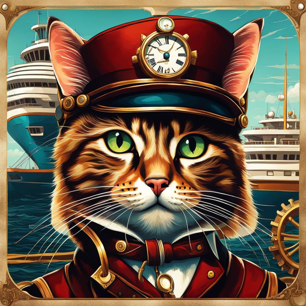 Steampunk Cruise Ship with Cat in Sailor Hat