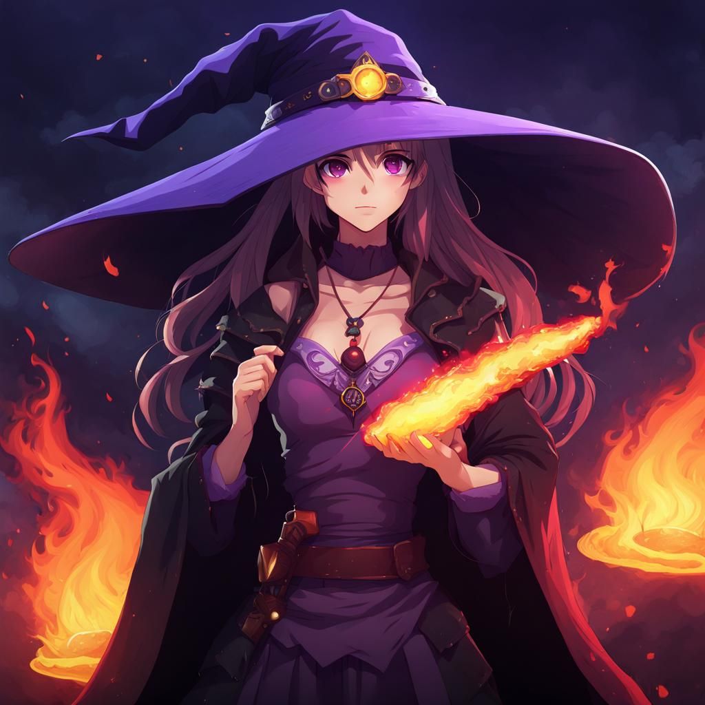 Anime Fire Witch with Giant Purple Hat