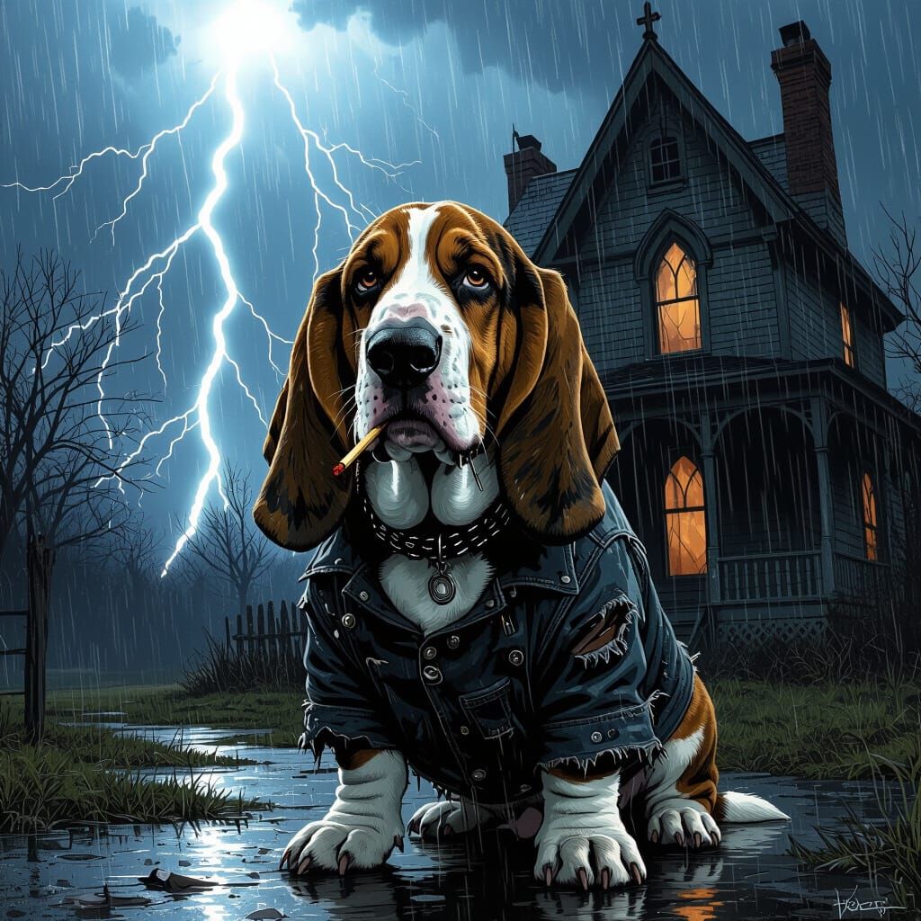 Basset Hound in Grungy Clothes Outside Gothic Home During St...