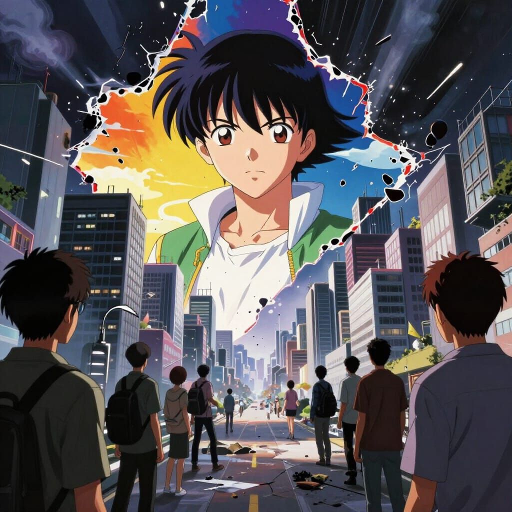 2D Anime World Meets 3D Cityscape Through Dimensional Rift