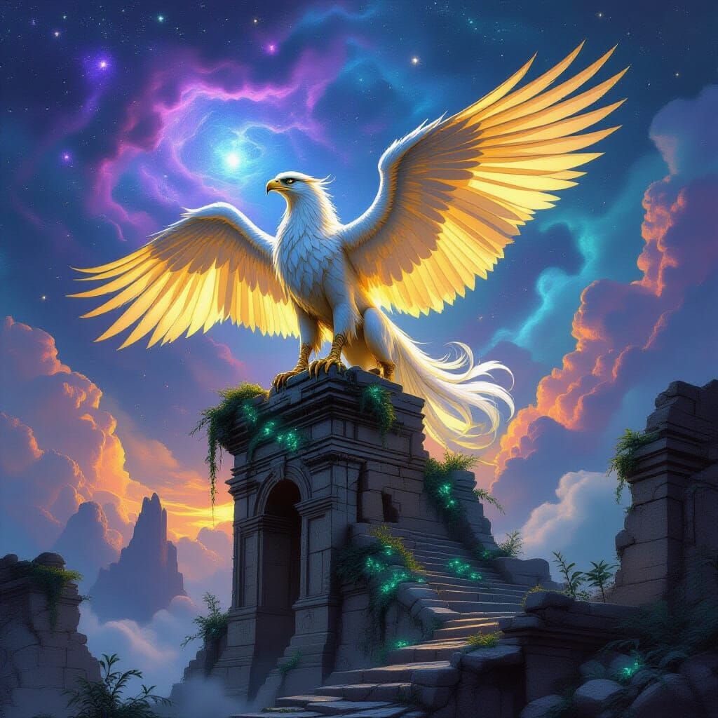 Majestic Griffin on Ruin with Nebula Sky