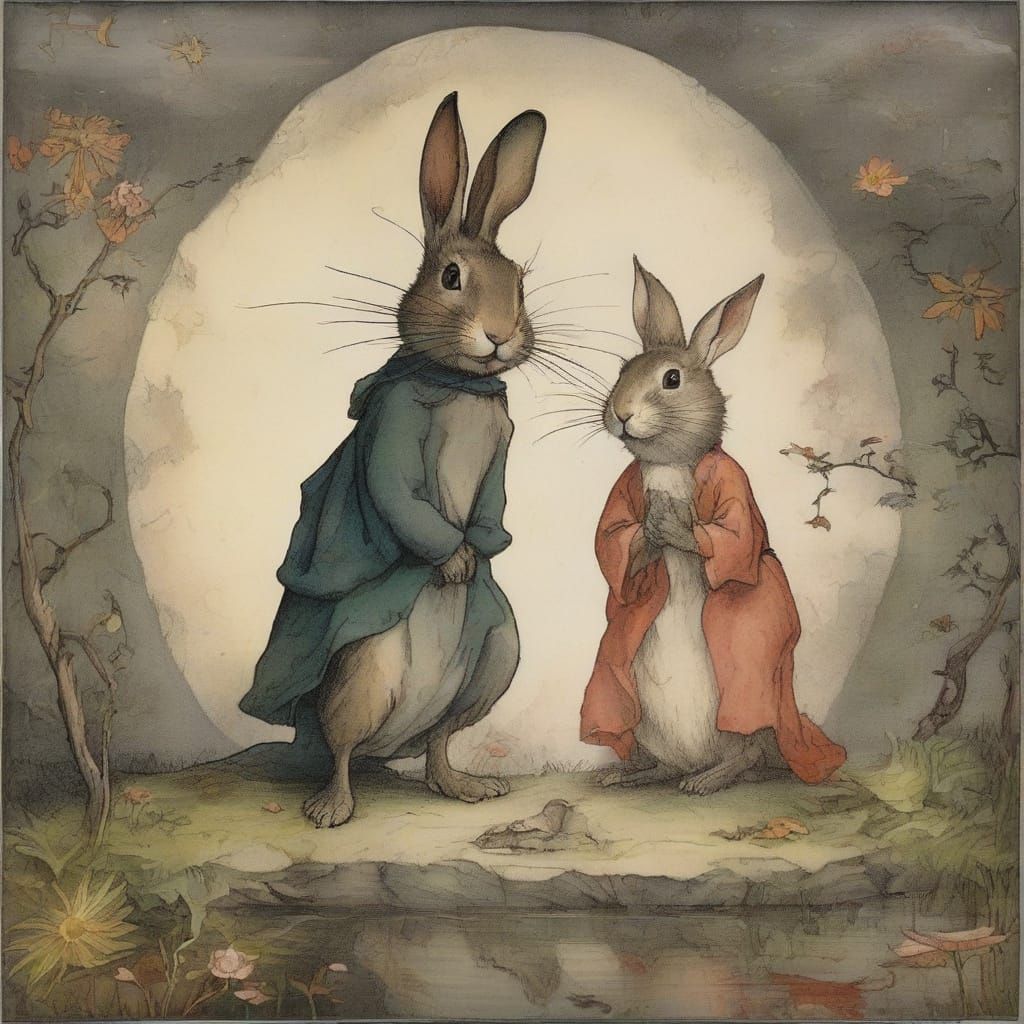 Surreal Rabbit in Moonlit Landscape, Bosch and Ghibli Style