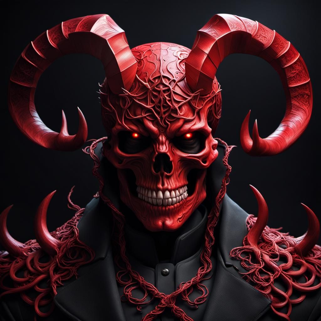 Hyperrealistic Red Skull with Horns: Dark Fantasy Art
