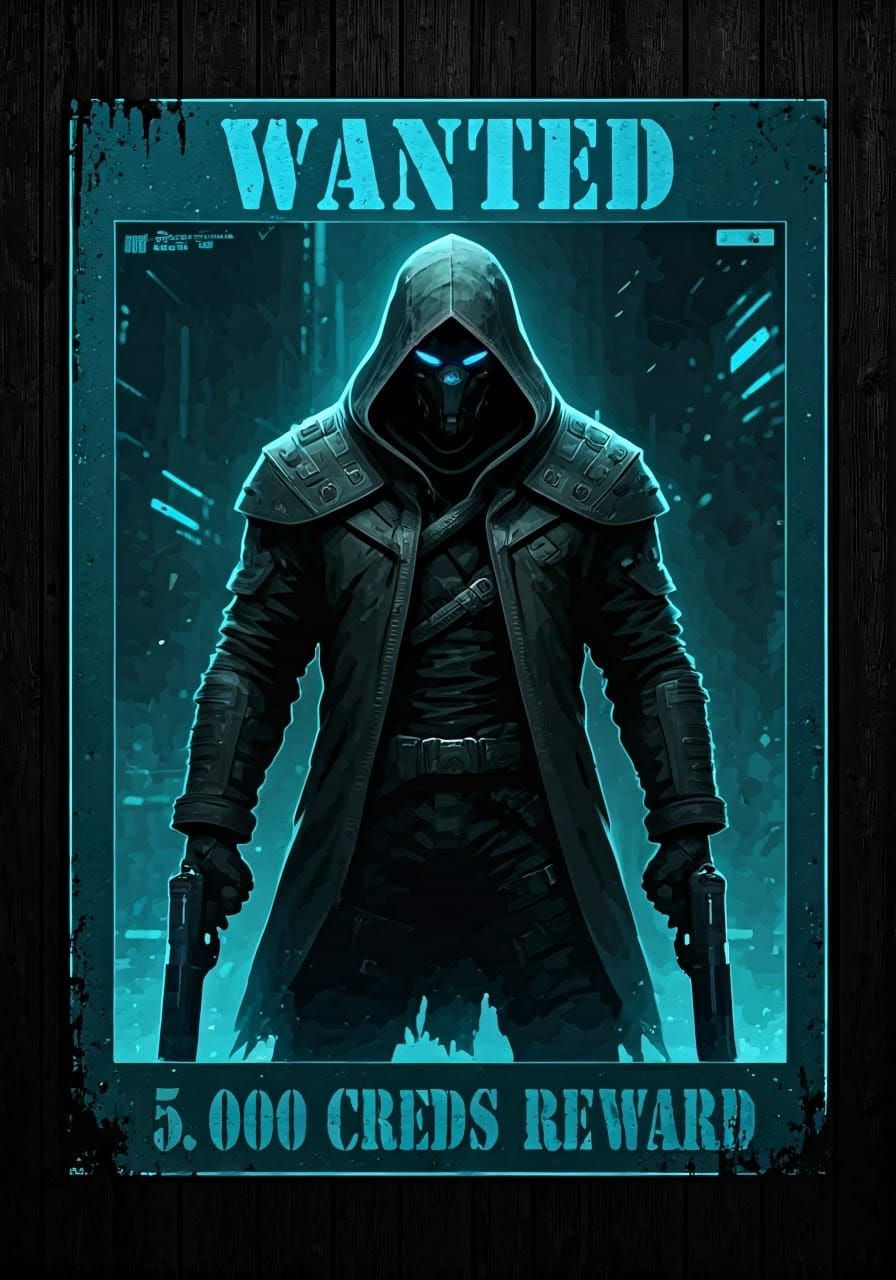 Distressed Cyborg Bounty Hunter Poster in Sci-Fi Style