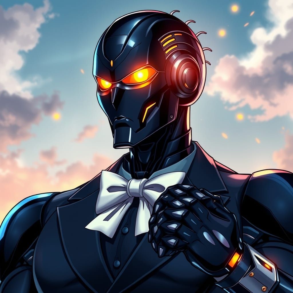 Anime-Style Robot in Elegant Navy Blue Attire