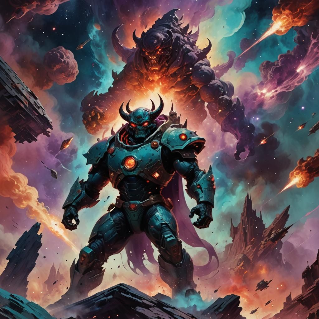 Dynamic fantasy concept art. Low-angle medium shot. intergalactic space demon in a dynamic pose, standing in front of th...