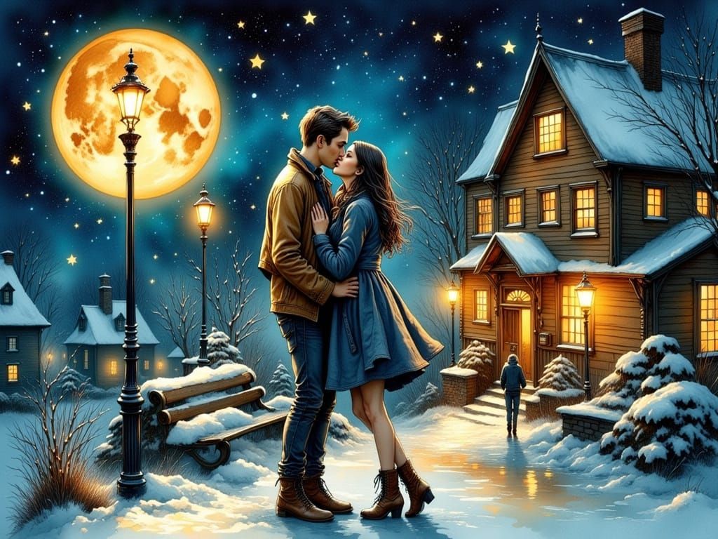Whimsical Couple Share a Romantic Kiss under a Snowy Night S...