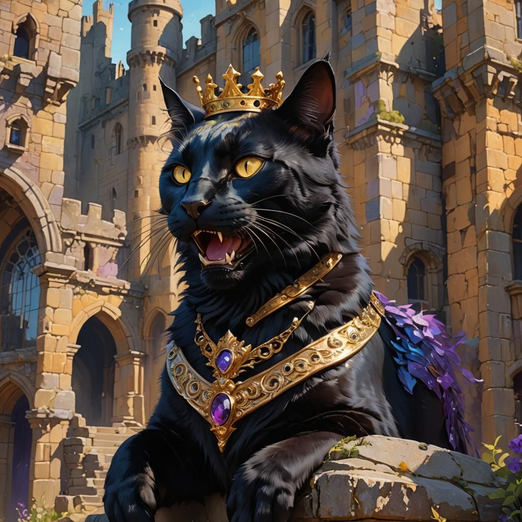 Black Cat with Crown in Front of Castle
