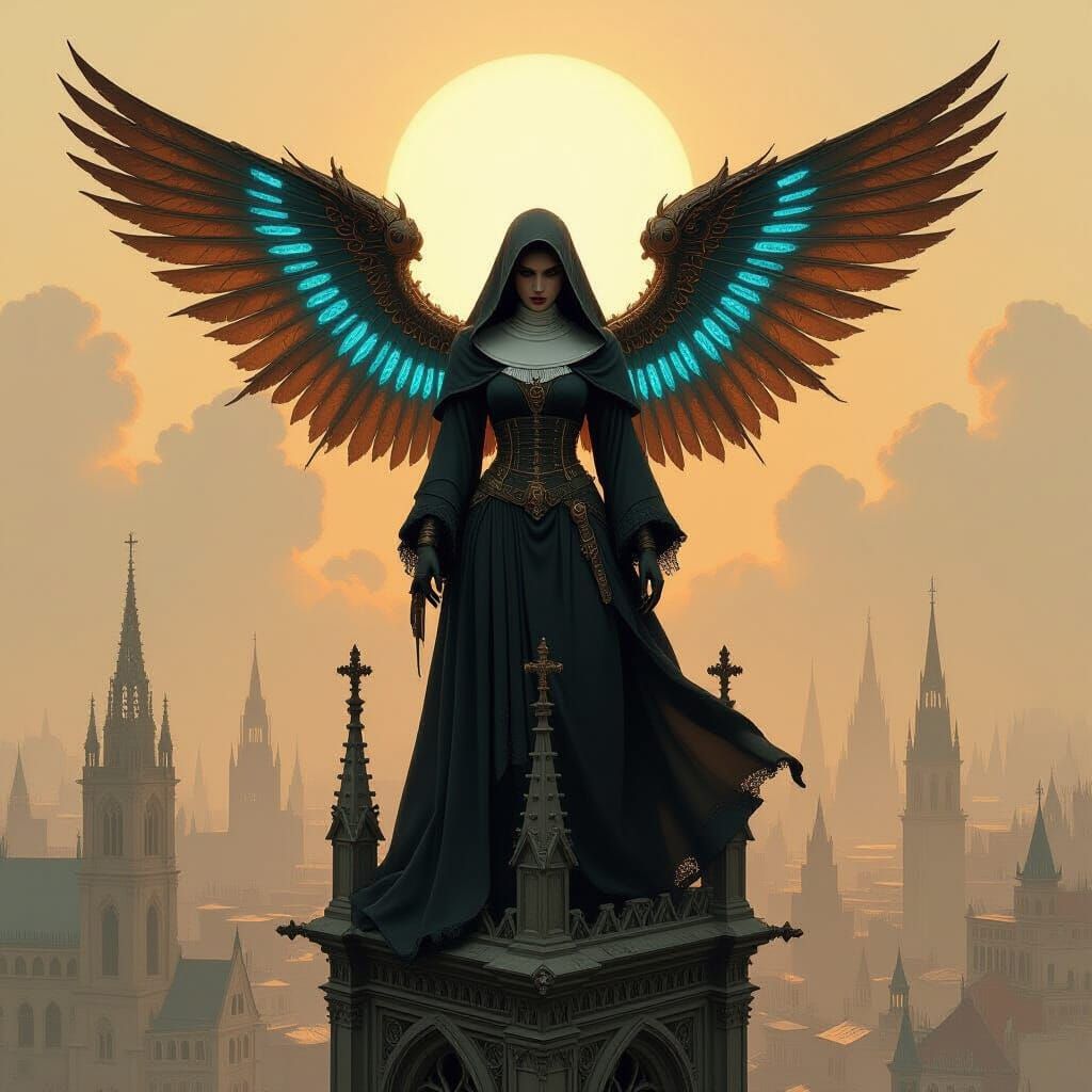 Steampunk Nun with Mechanical Wings on Gothic Cathedral