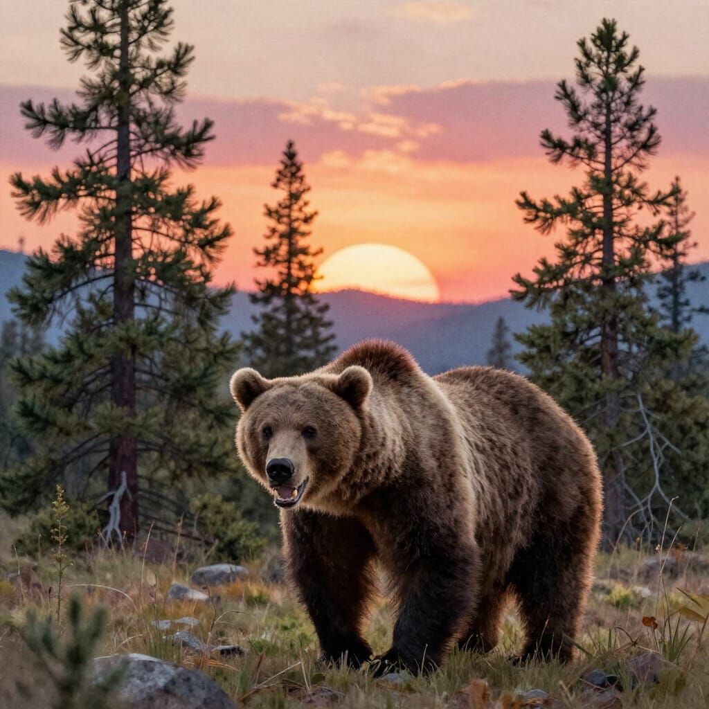 Grizzly Bear Stares Aggressively in Rocky Mountains Sunset