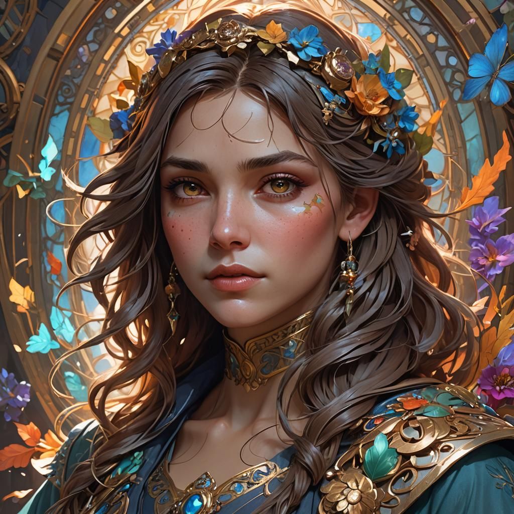 Detailed Goddess Portrait in Art Nouveau Style