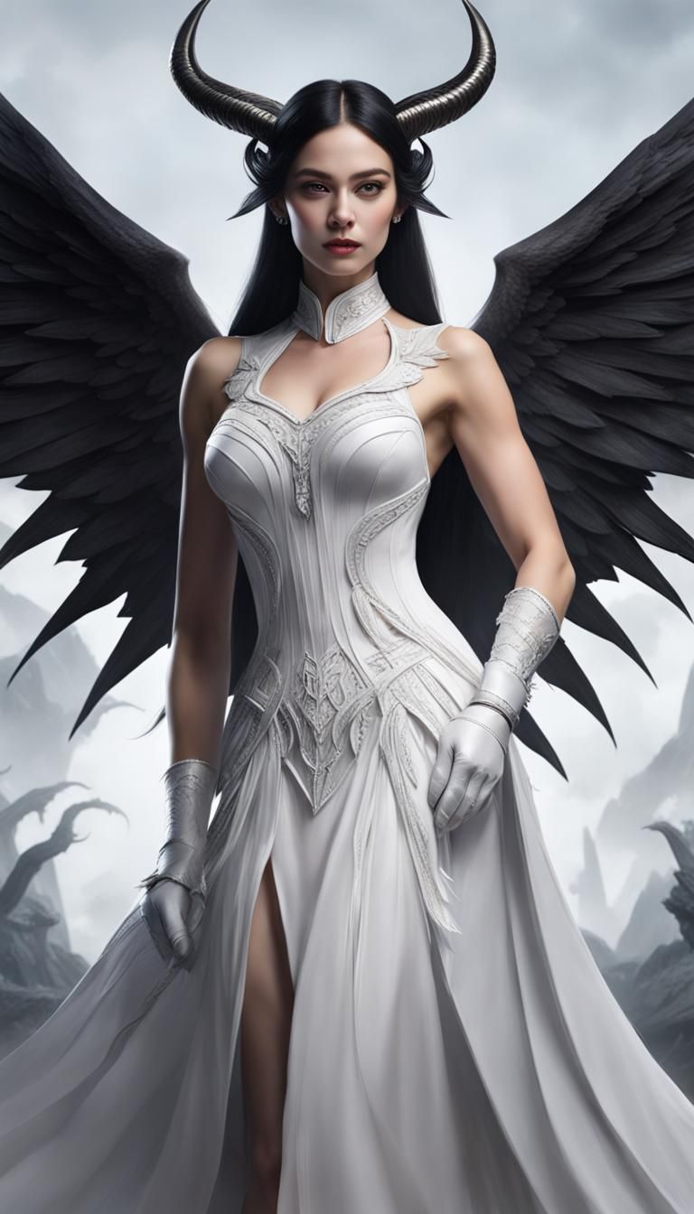 Hyperdetailed Demon Girl in White Dress