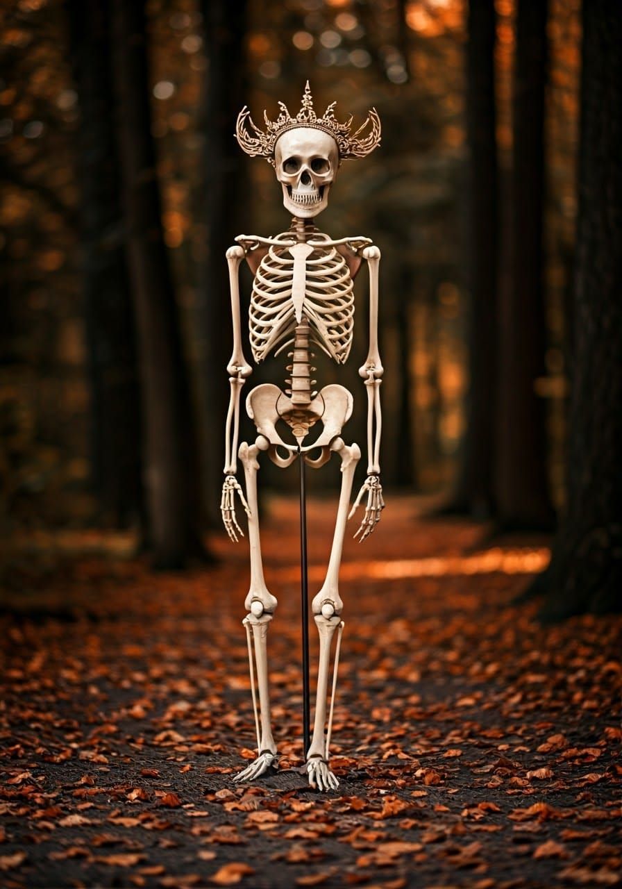 Regal Skeleton in Autumn Forest, Photorealistic Style