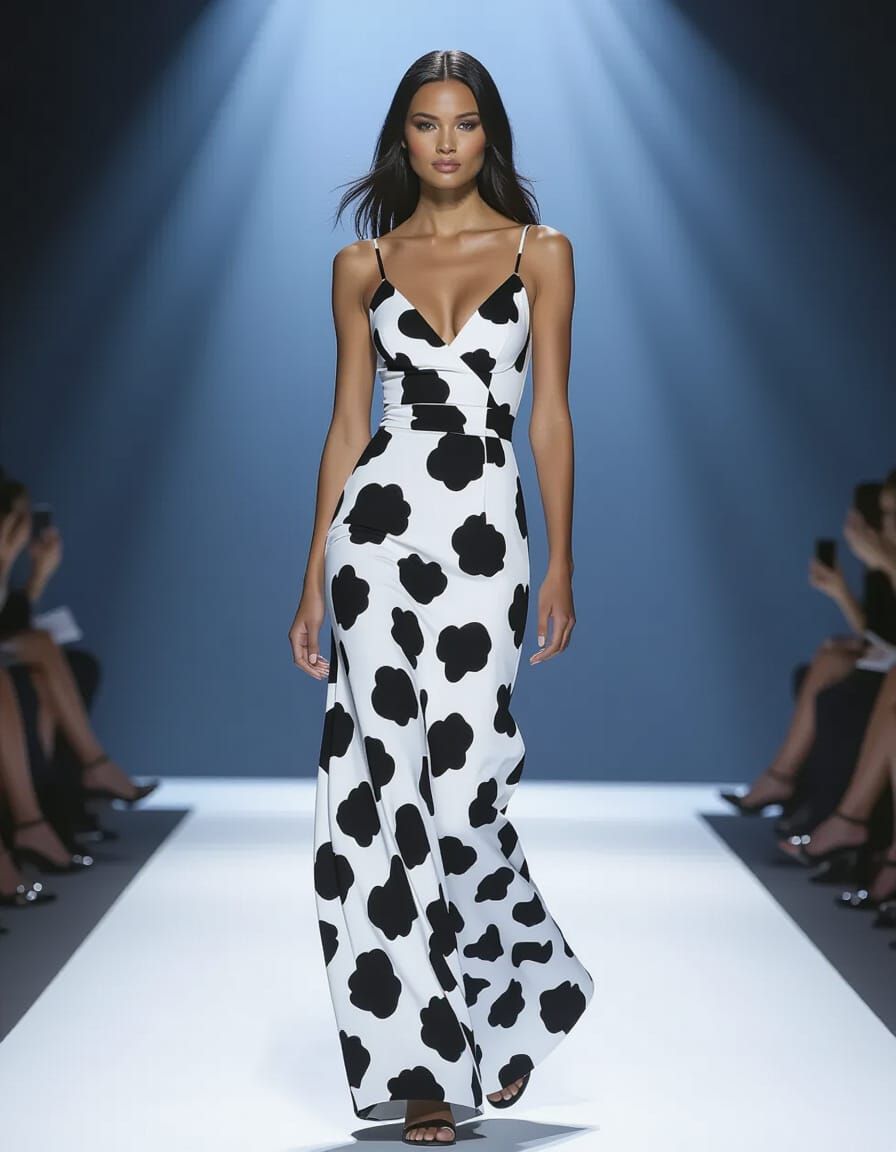 Elegant Model in Cow-Spotted Dress on Parisian Runway