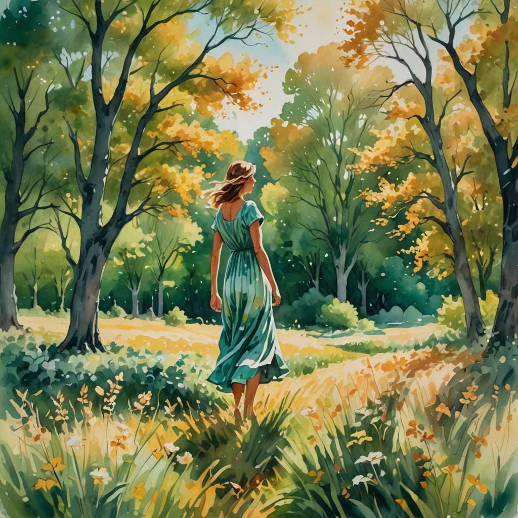 Impressionist Woman in Autumn Landscape Gouache Painting