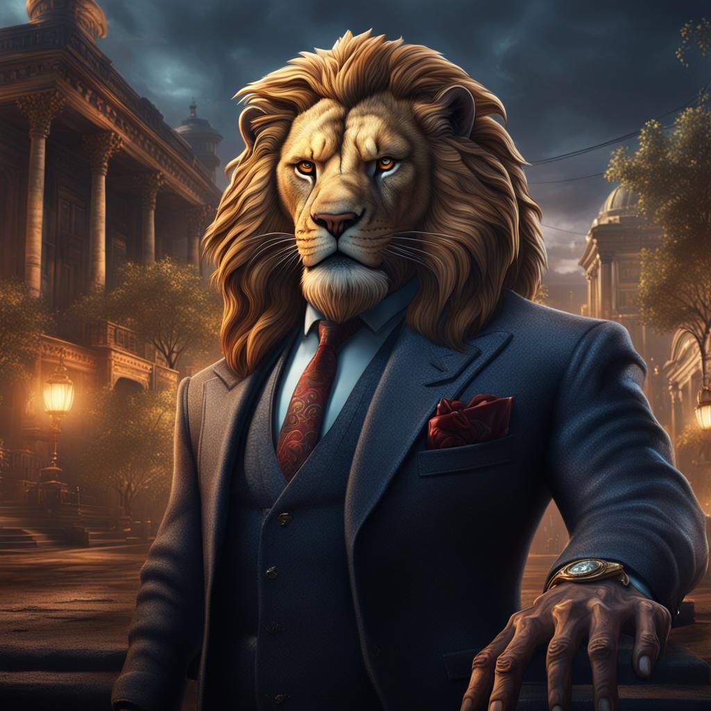 Mafia Lion Man Boss in Detailed Matte Painting