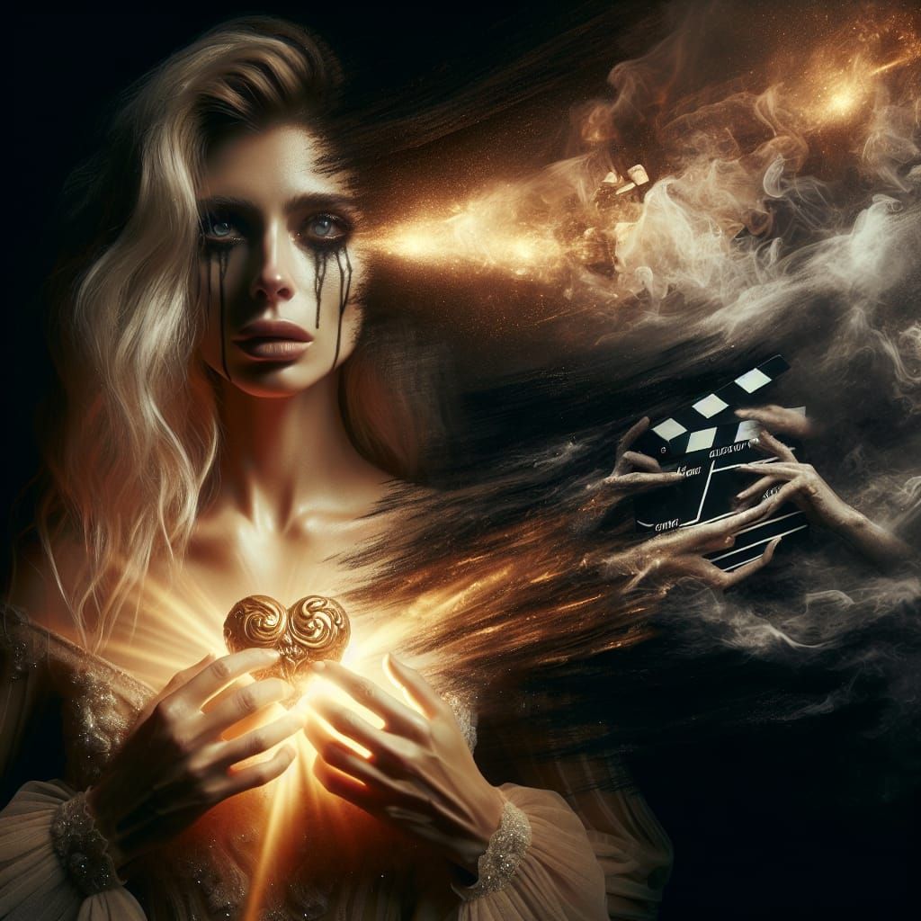 Caucasian Woman Grasping Golden Heart Amidst Black Smoke