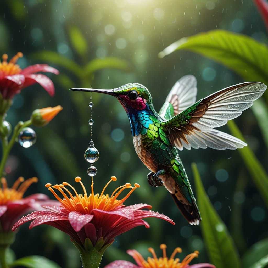 Mechanical Hummingbird Near Alien Flower Macro Shot