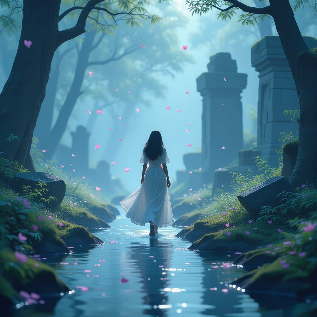 Woman in Misty Forest Clearing with Petals