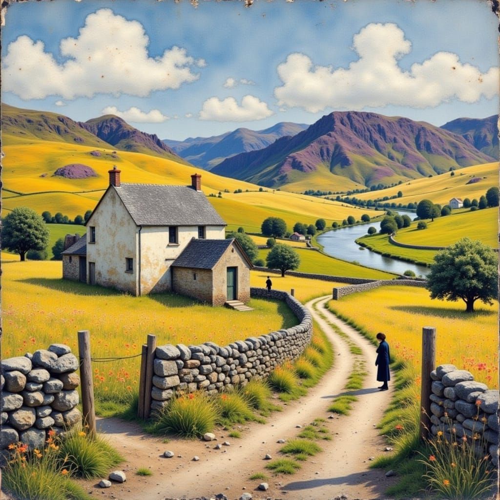 Rustic Farm Idyll in Gouache Style