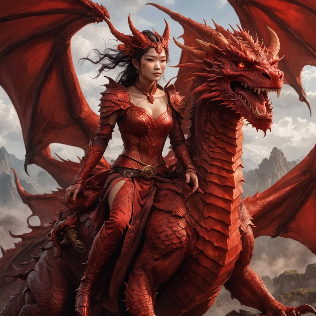 Red Dragon and Woman in Fantasy Art