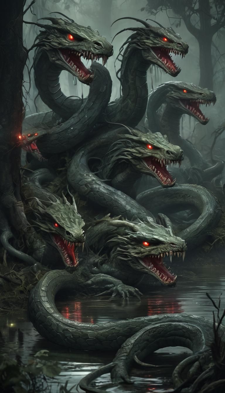 Terrifying Nine-Headed Hydra Emerging from Swamp