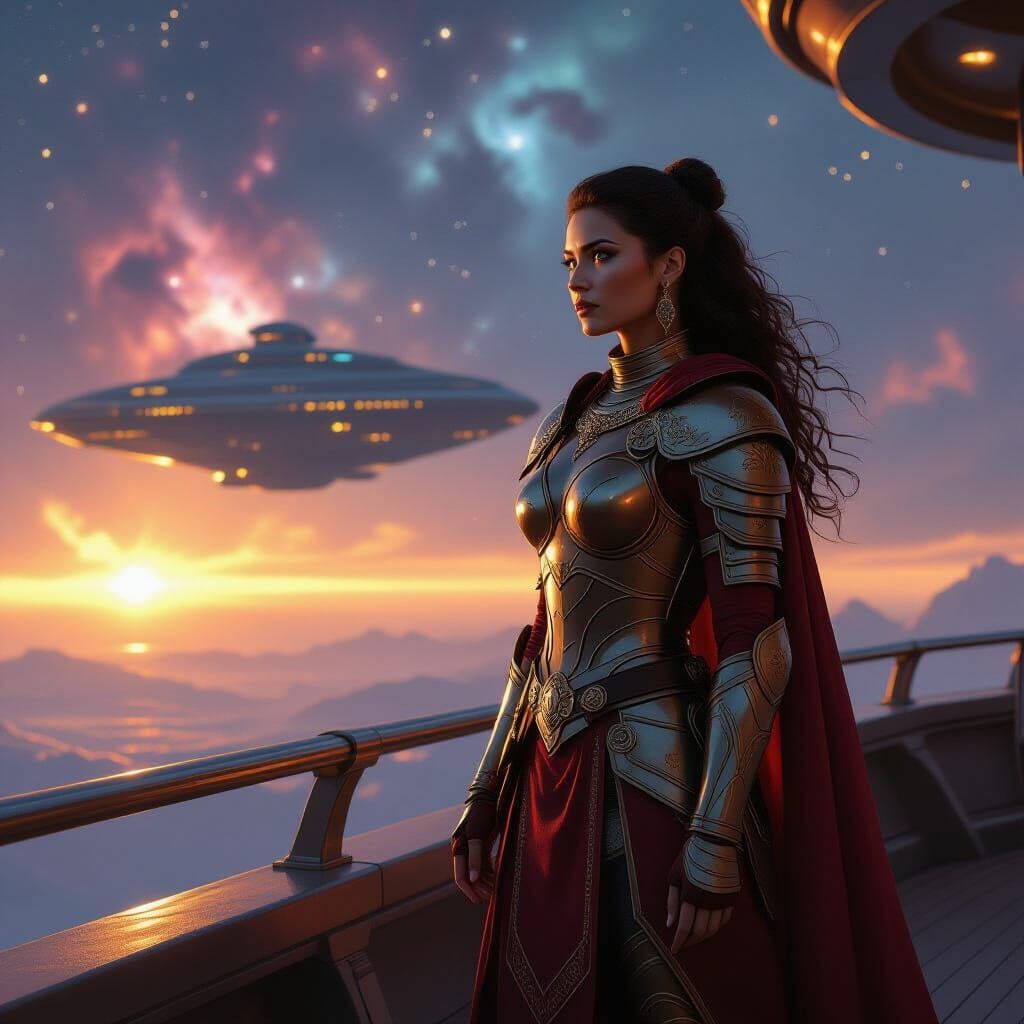 Macedonian Warrior on Spaceship Deck Overlooking Nebula