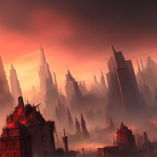 Ominous Red Sunrise over Ruined City