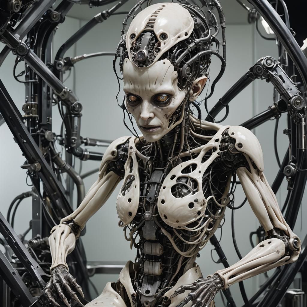 Hyperrealistic detailed picture of a grotesque figure with pale, translucent skin stretching over a mechanical frame, he...