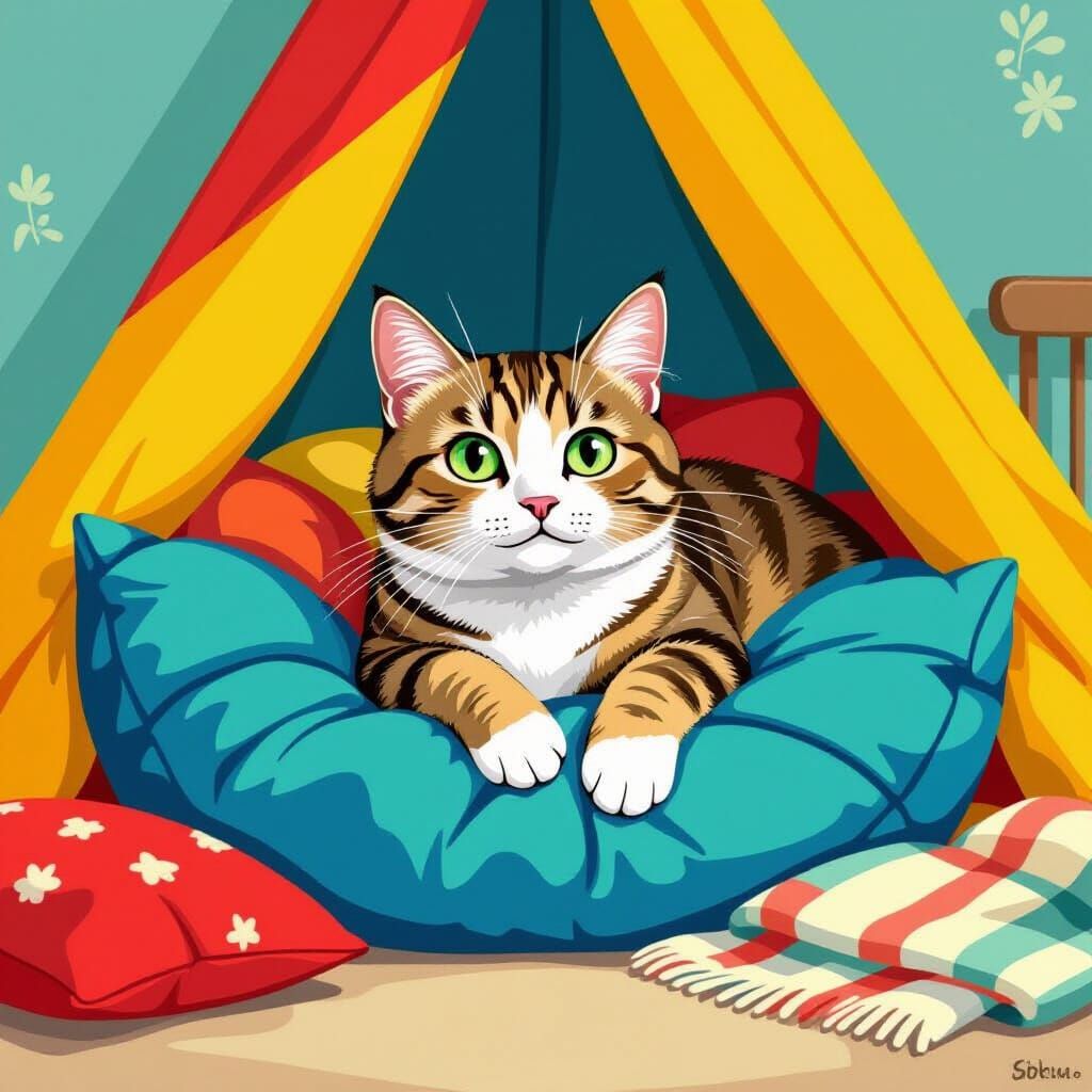 Tabby Cat in Pillow Fort, Children's Illustration