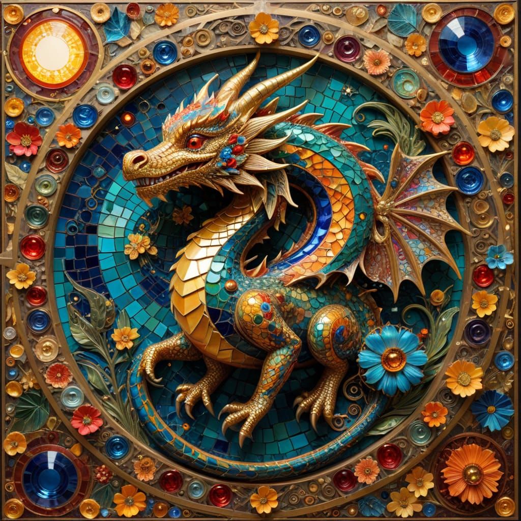 Tiny Mosaic Dragon on Sun-Disk, Klimt Inspired