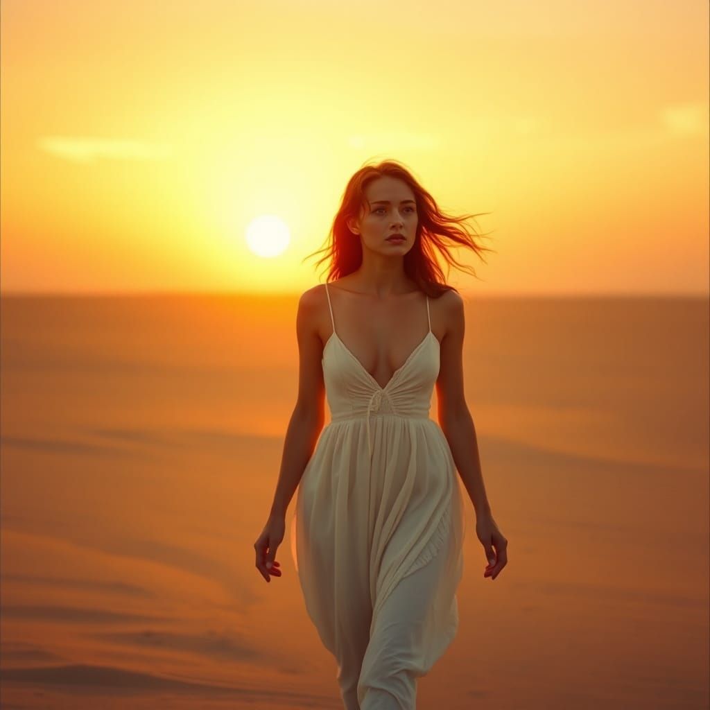 Red-Haired Woman on Deserted Beach in Golden Light