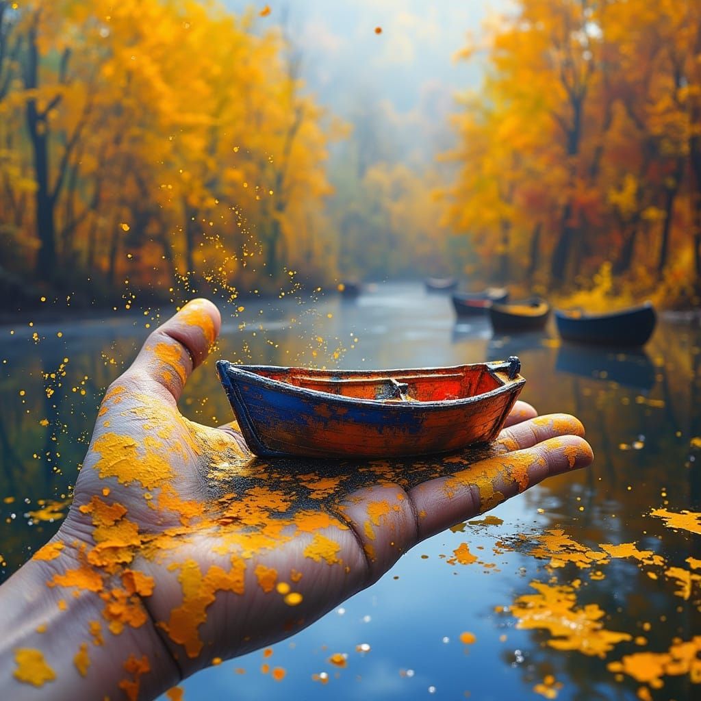 Autumn Harbor on Hand: Impressionistic Oil Painting