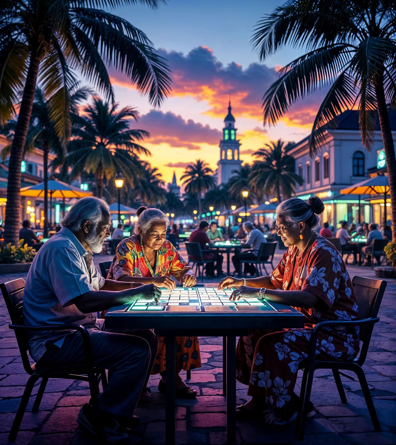Cyberpunk Seniors Play Dominoes in Neon Suriname