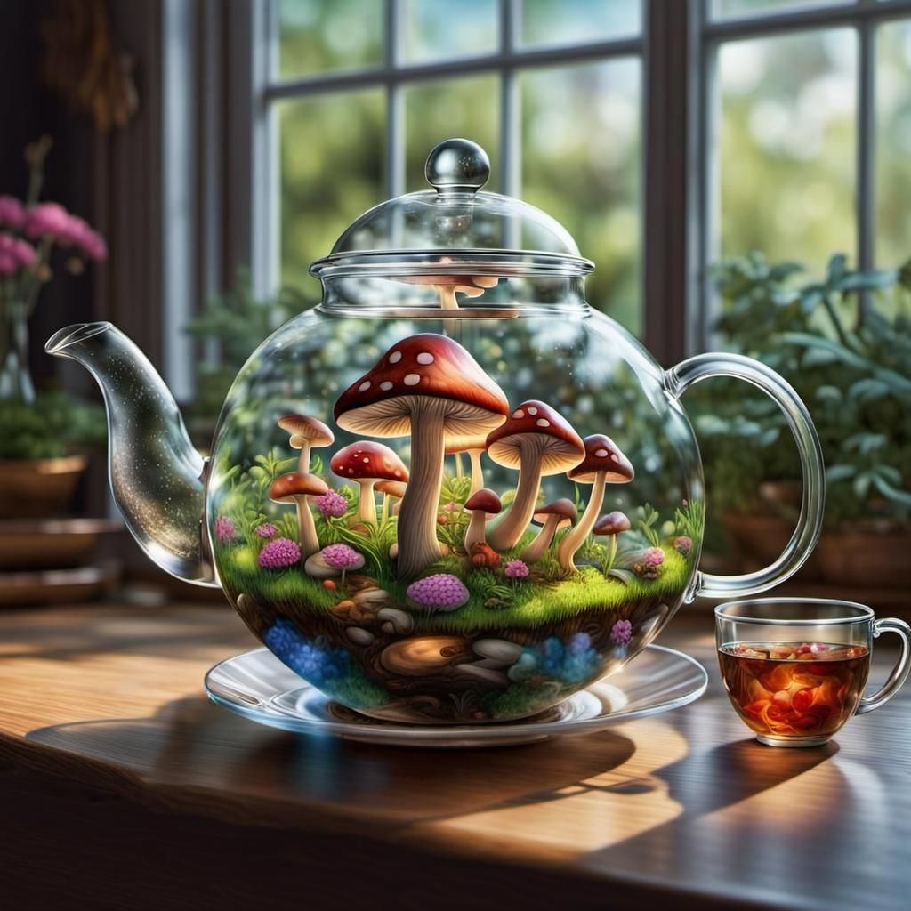Surreal Mushroom Wonderland in Glass Teapot