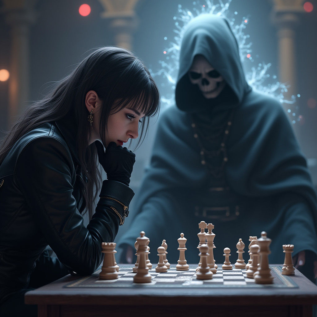 Chess Master vs the Reaper in Dark Cyberpunk Art