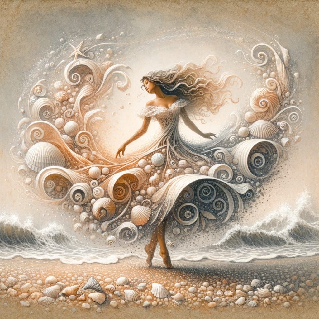 Beachside Dancer in Surrealist Parchment Illustration