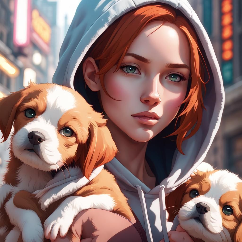 Anime Girl Surrounded by Puppies, Detailed Portrait